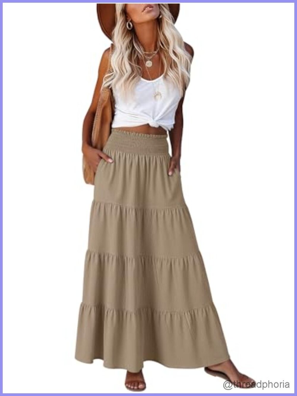 Maxi Skirt - Elastic High Waist A-Line Tiered Long Flowy Boho Skirt Casual